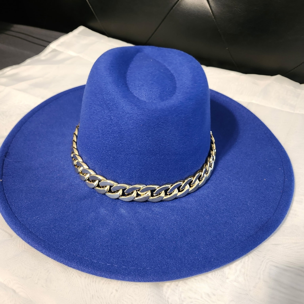 Blue Fedora Hat with Gold Chain Detail NWOT